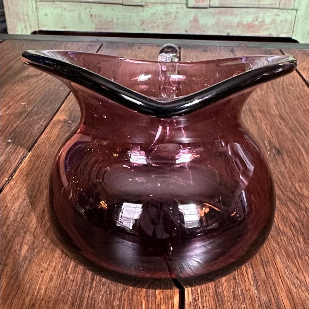 Vintage Hand Blown Amethyst Glass Pitcher Vase Applied Clear Handle Art Glass